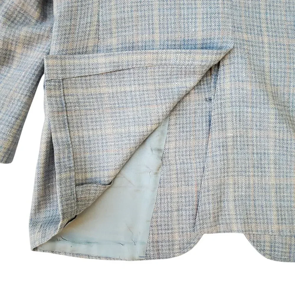 VTG Stafford Ivy Prep Blue Tweed Wool Plaid Check Sport Coat Blazer Jacket 42R